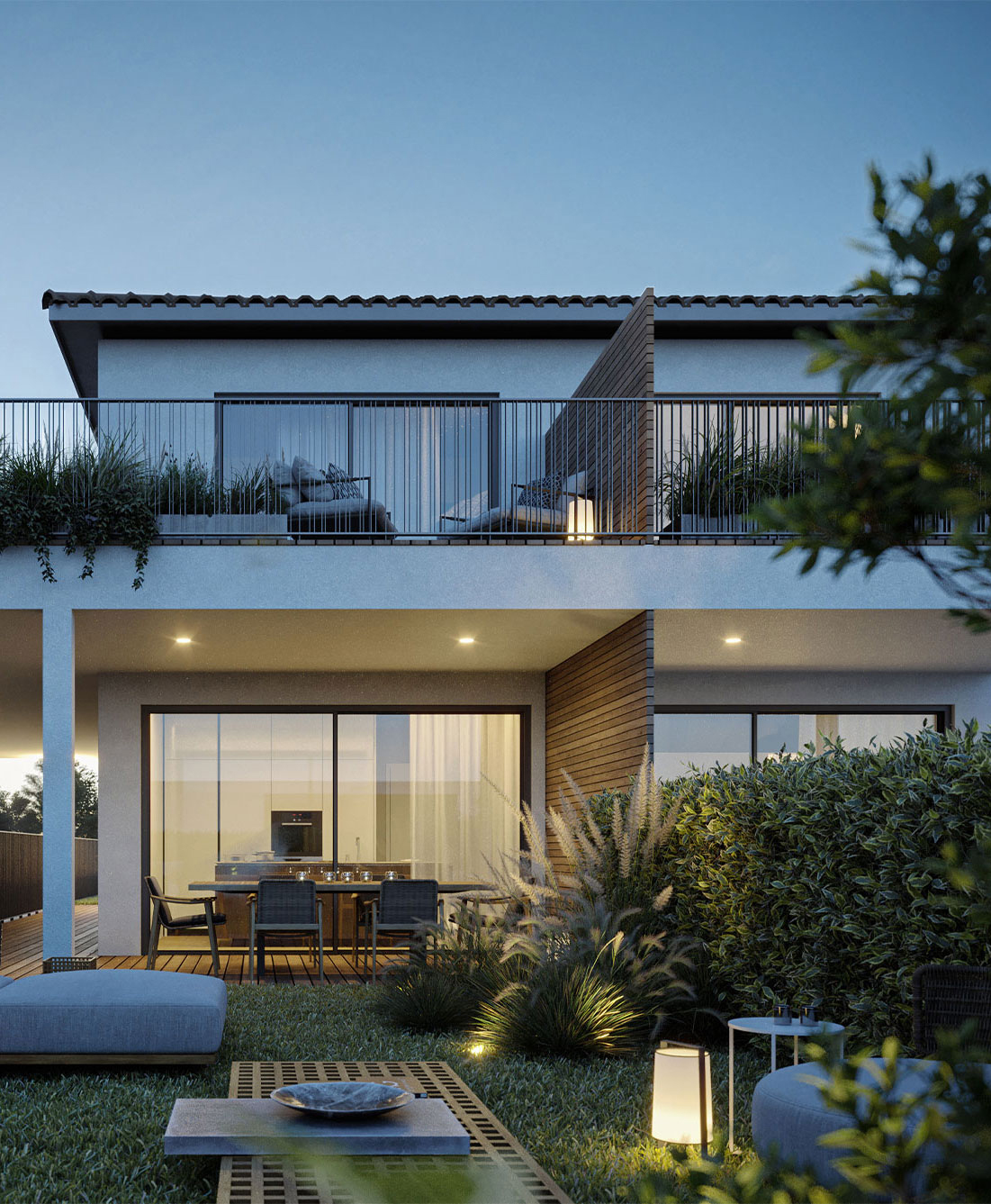 Borgo Campo Verde - Vista del giardino con zona living e terrazzo al primo piano
