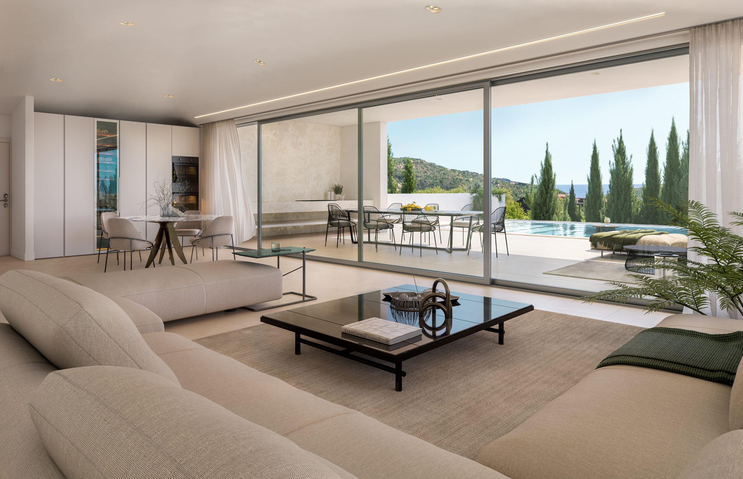 Villa Pintadera - Vista del salone con ampi divani e grande finestra che affaccia sulla piscina