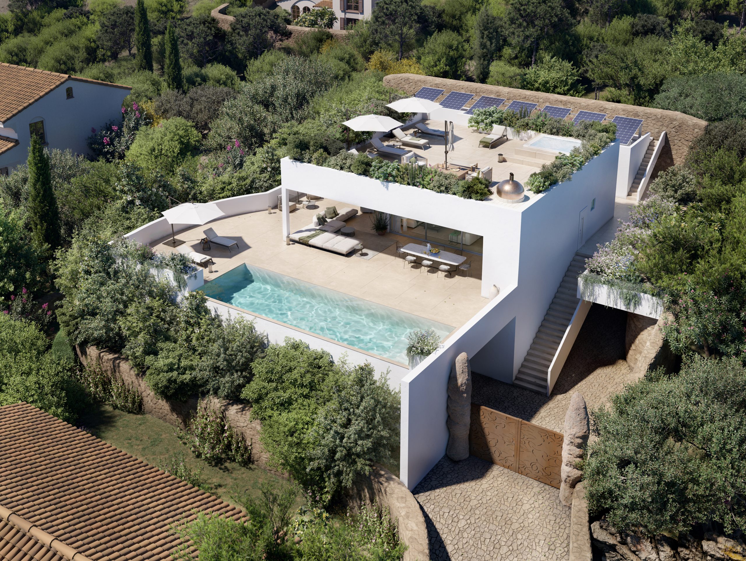 Villa Pintadera - Vista dall'alto di Villa Pintadera dove è possibile vedere lo spazio esterno con la piscina e il terrazzo con ombrelloni e lettini