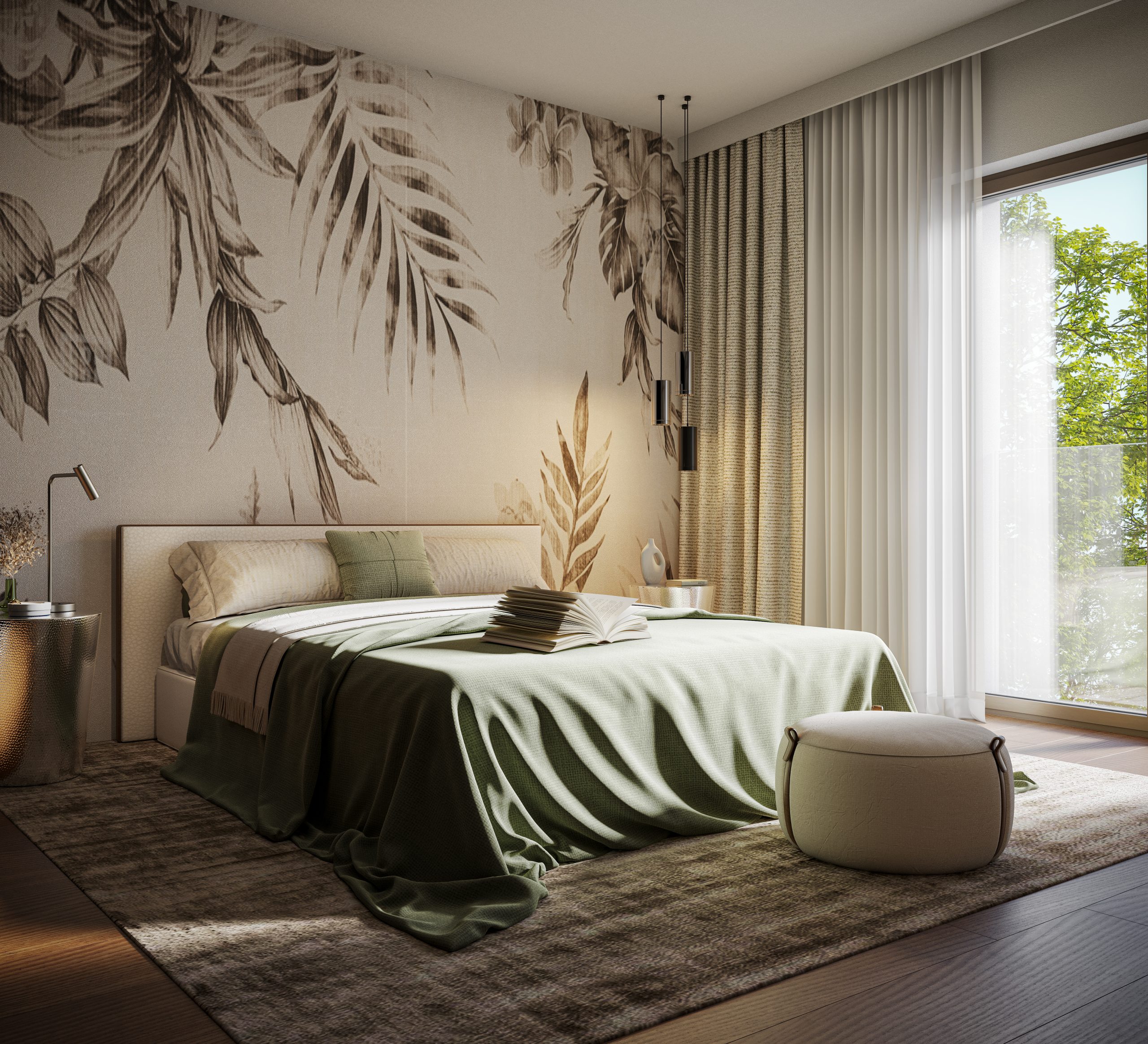 Casa del Bardo - Vista della stanza patronale con letto matrimoniale, un confortevole puff e l'ampia finestra che affaccia sul terrazzo