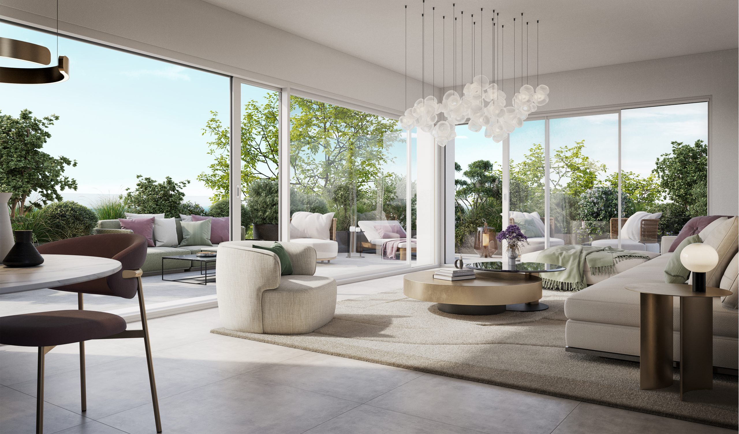 Casa del Bardo - Vista della zona living con ampi divani, poltrona di design e le ampie finestre che affacciano sul grande terrazzo