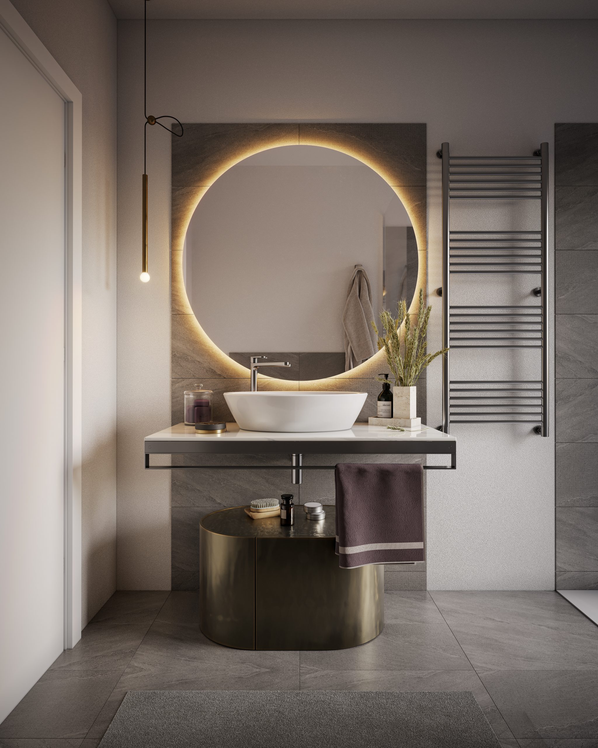 Casa del Bardo - Vista del bagno con lavabo sospeso a catino, ampio specchio retroilluminato, doccia e filo e termo arredo scuro