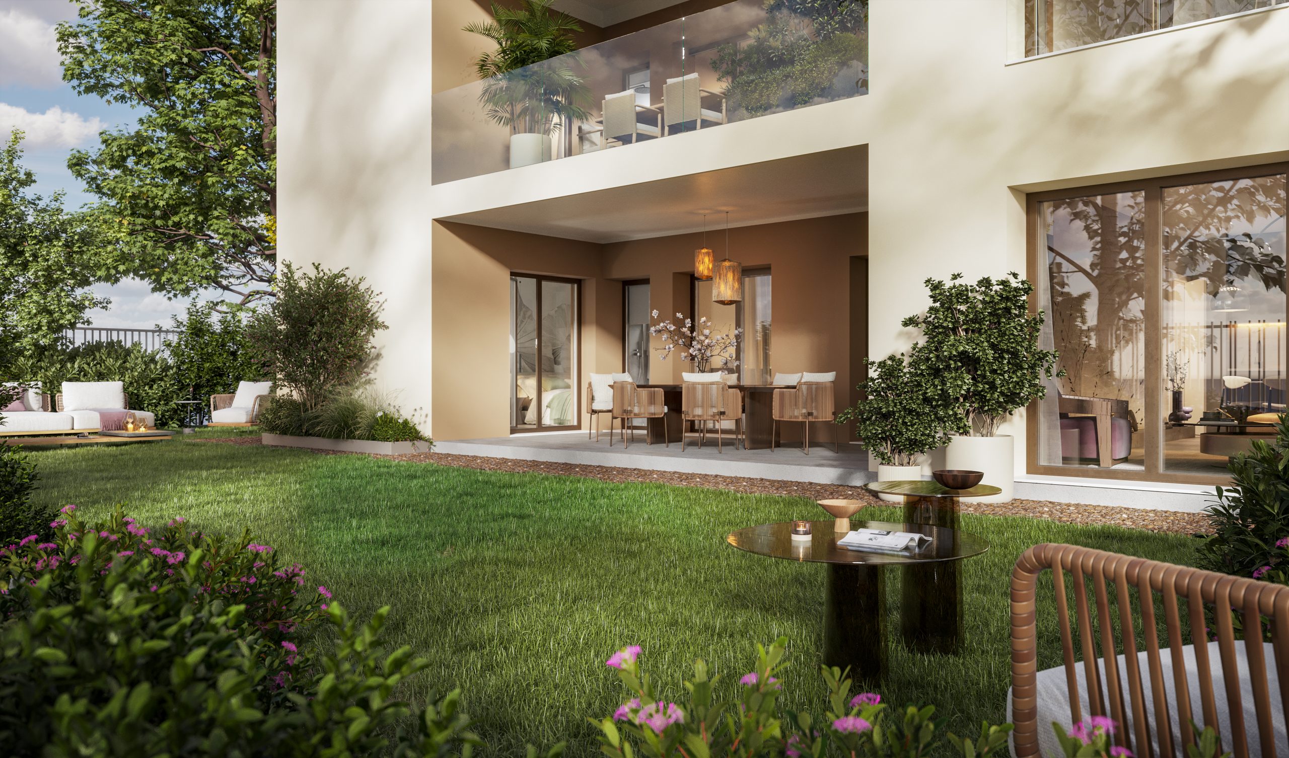 Casa del Bardo - Vista della zona living nel giardino con tavolo e sedie. È possibile vedere anche una riparata zona con divanetto e poltrona