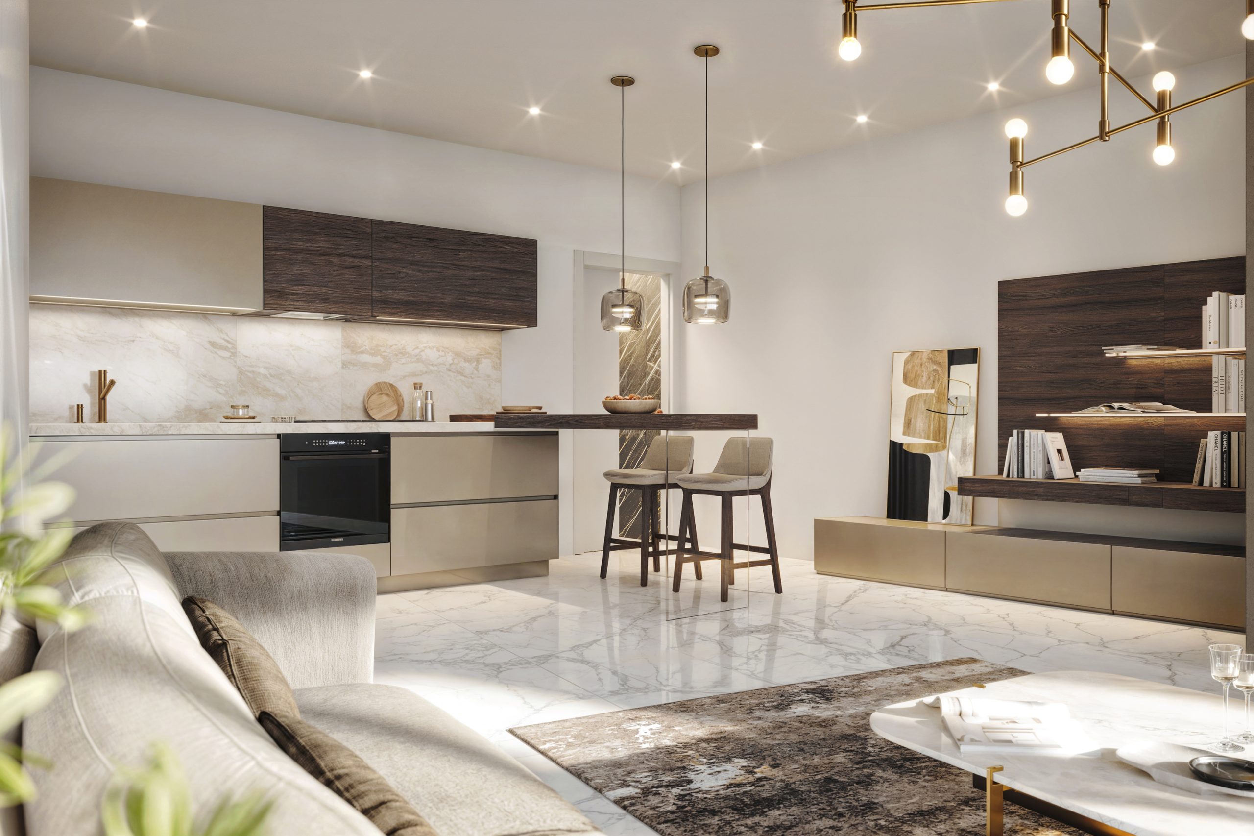 Spiga Suites - Vista della zona living con divano, parete attrezzata, cucina a vista e penisola da pranzo.